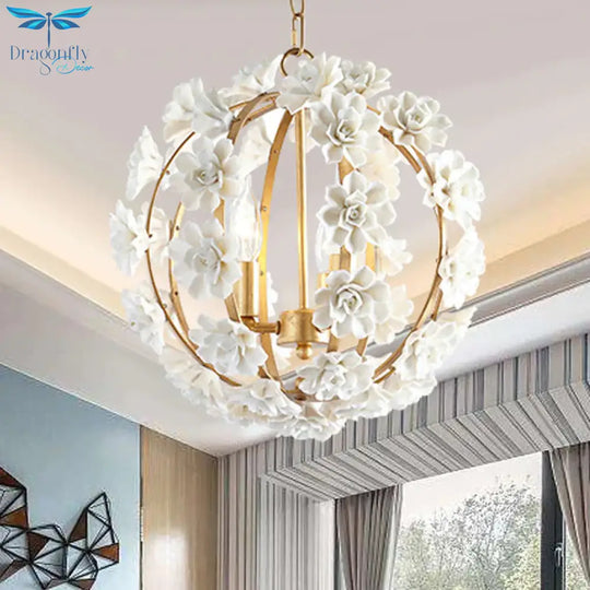 Gold Globe Ceiling Chandelier Modernism Metal 3 Heads Hanging Light Fixture With White Flowers
