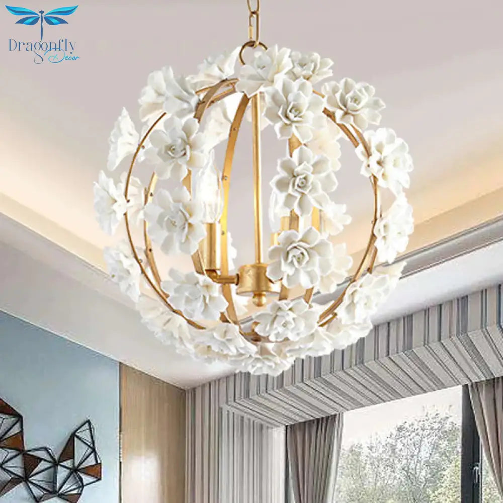 Gold Globe Ceiling Chandelier Modernism Metal 3 Heads Hanging Light Fixture With White Flowers