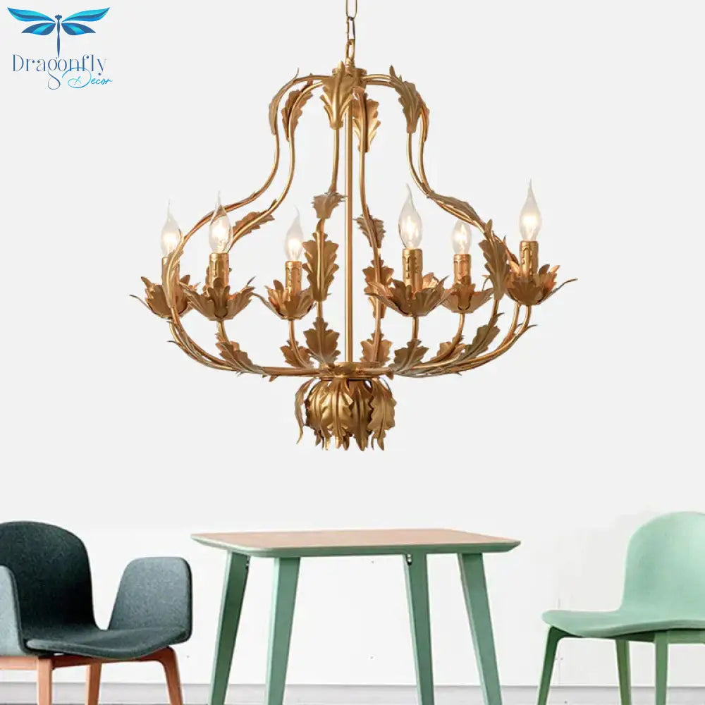Gold Gourd Chandelier Lighting Traditional Metal 6 Bulbs Pendant Light Fixture For Living Room