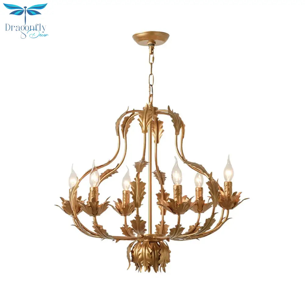 Gold Gourd Chandelier Lighting Traditional Metal 6 Bulbs Pendant Light Fixture For Living Room
