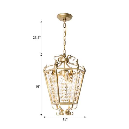 Gold Lantern Chandelier Light Traditional Metal 3 Lights Dining Room Hanging Ceiling With Crystal