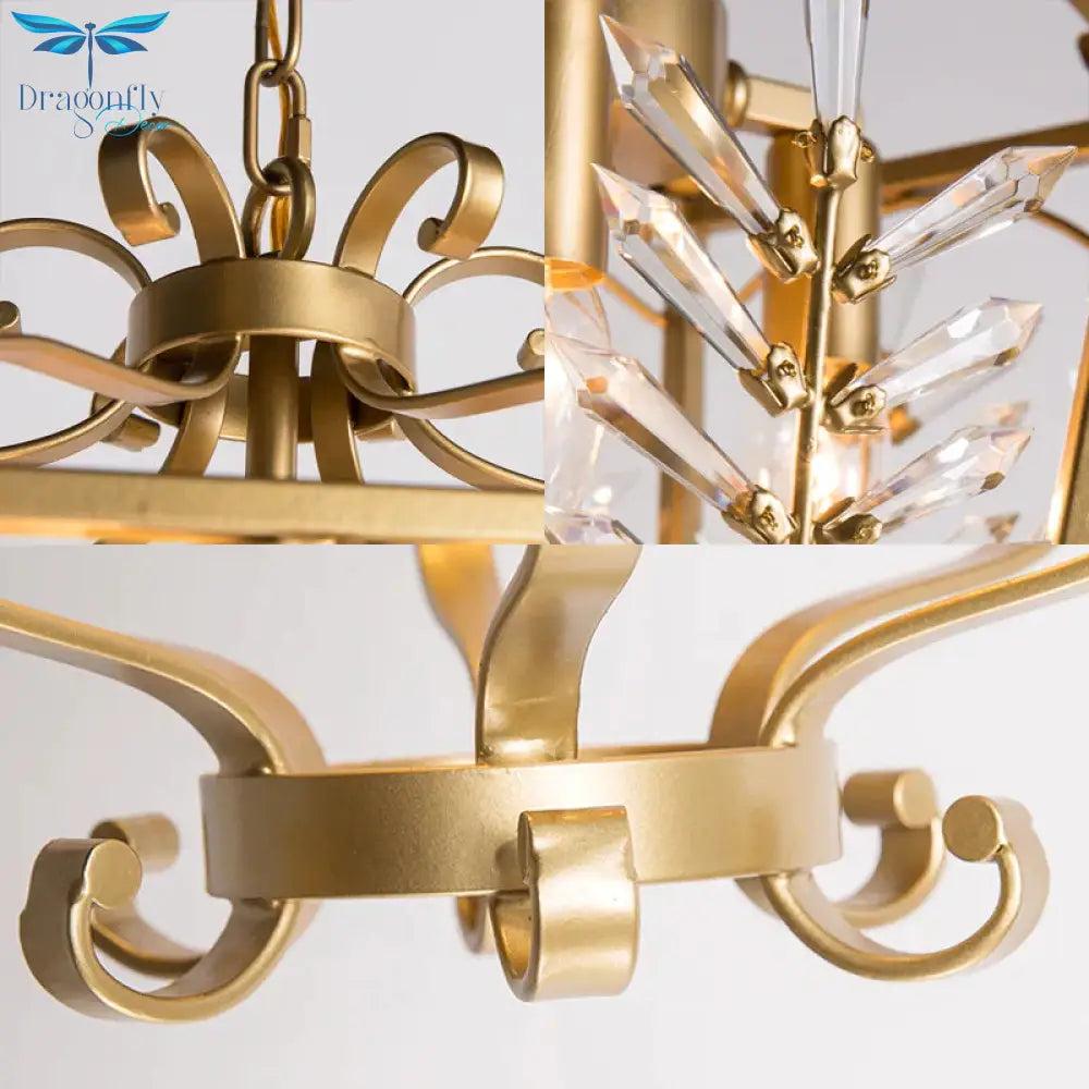 Gold Lantern Chandelier Light Traditional Metal 3 Lights Dining Room Hanging Ceiling With Crystal