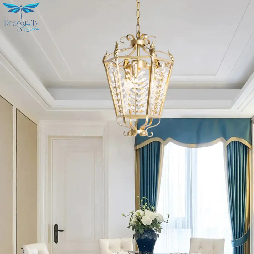 Gold Lantern Chandelier Light Traditional Metal 3 Lights Dining Room Hanging Ceiling With Crystal