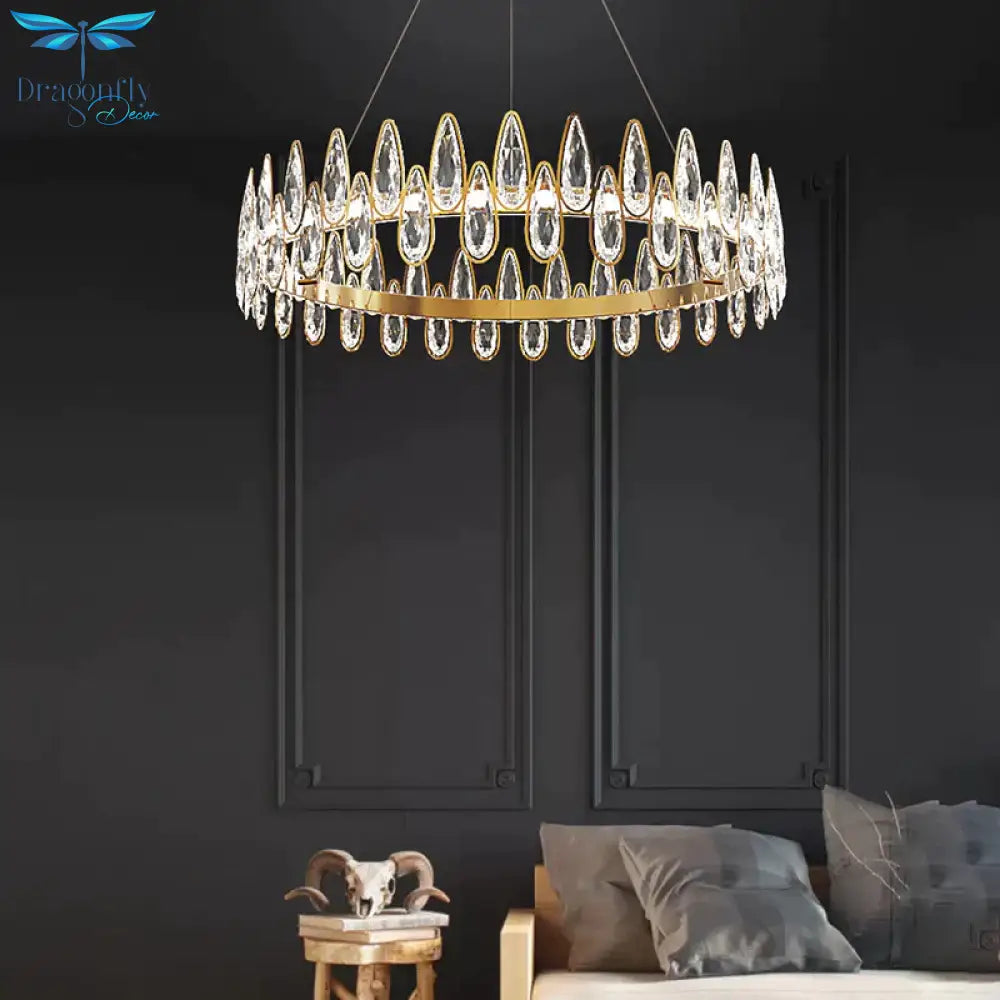 Gold Ring Ceiling Pendant Light Simple Style Teardrop Crystal Living Room Led Hanging Chandelier