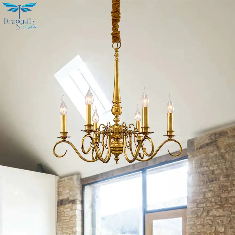 Gold Scrolled Arm Hanging Chandelier Colonial Metal 6 Lights Restaurant Ceiling Pendant