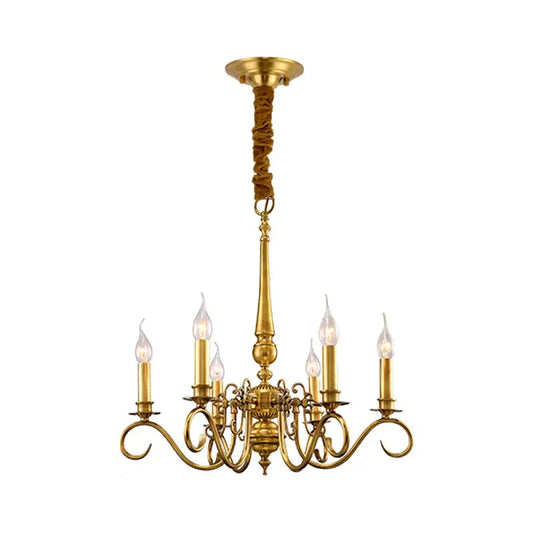 Gold Scrolled Arm Hanging Chandelier Colonial Metal 6 Lights Restaurant Ceiling Pendant