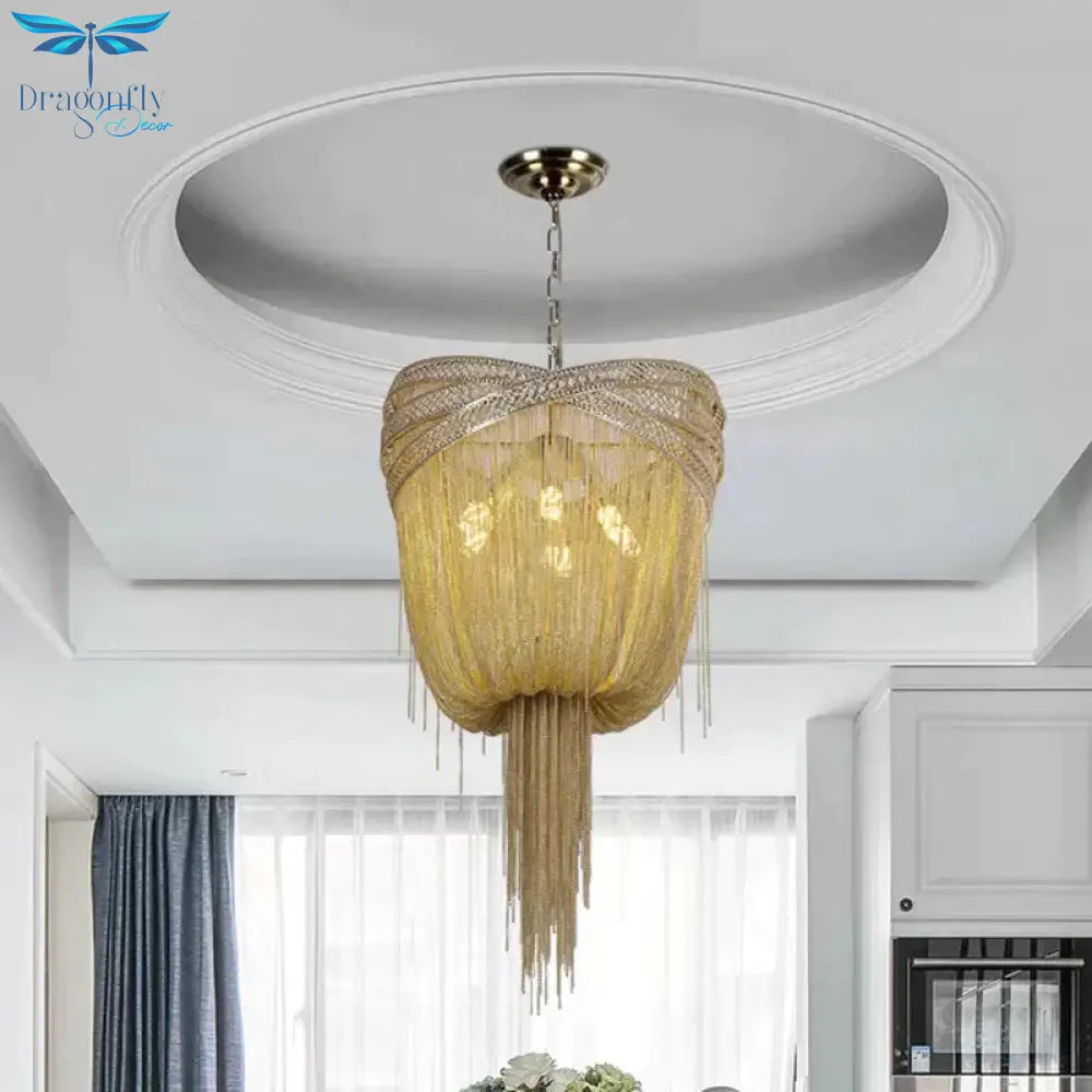 Gold/Silver 4/6/8 Lights Chandelier Lighting Rustic Metal Draped Beaded Hanging Light Fixture