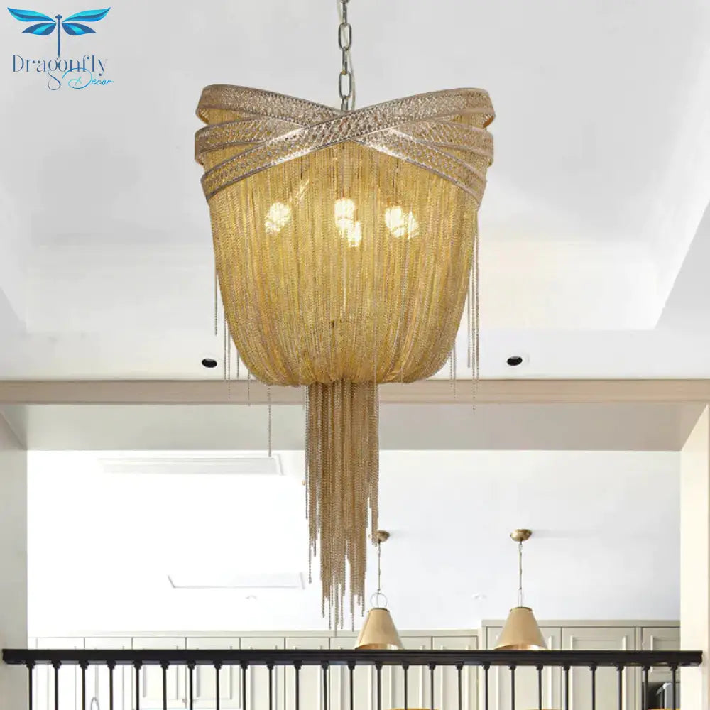 Gold/Silver 4/6/8 Lights Chandelier Lighting Rustic Metal Draped Beaded Hanging Light Fixture