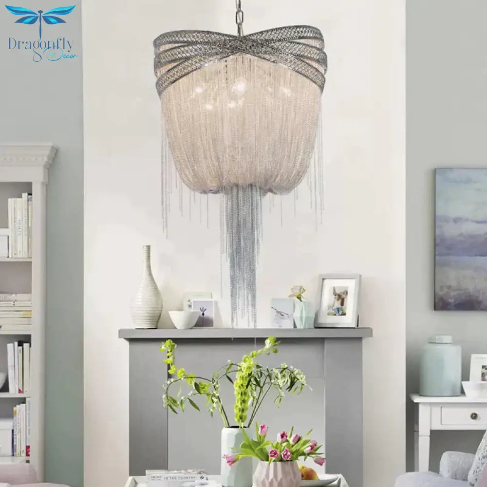Gold/Silver 4/6/8 Lights Chandelier Lighting Rustic Metal Draped Beaded Hanging Light Fixture