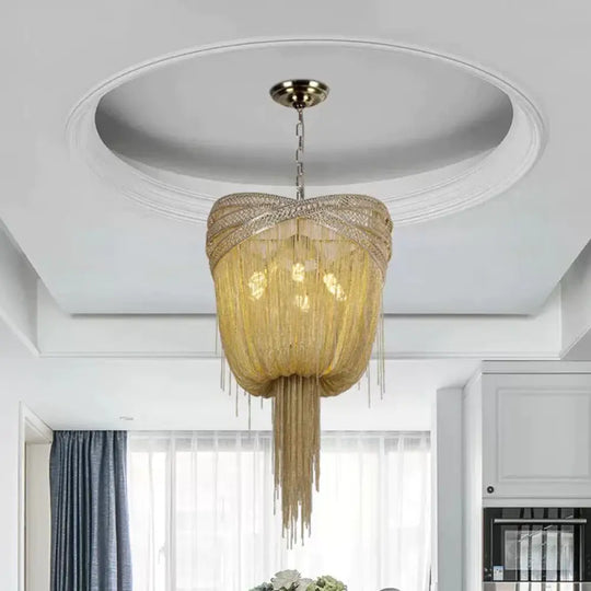 Gold/Silver 4/6/8 Lights Chandelier Lighting Rustic Metal Draped Beaded Hanging Light Fixture