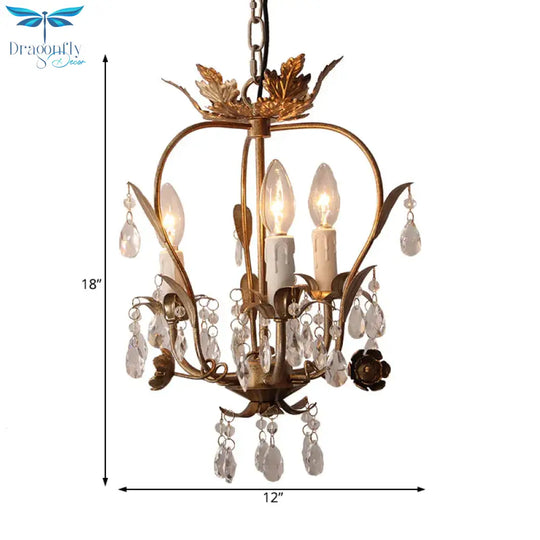 Gold Spur Chandelier Lighting Modern Metal 3 Bulbs Pendant Light Fixture With Crystal Teardrop