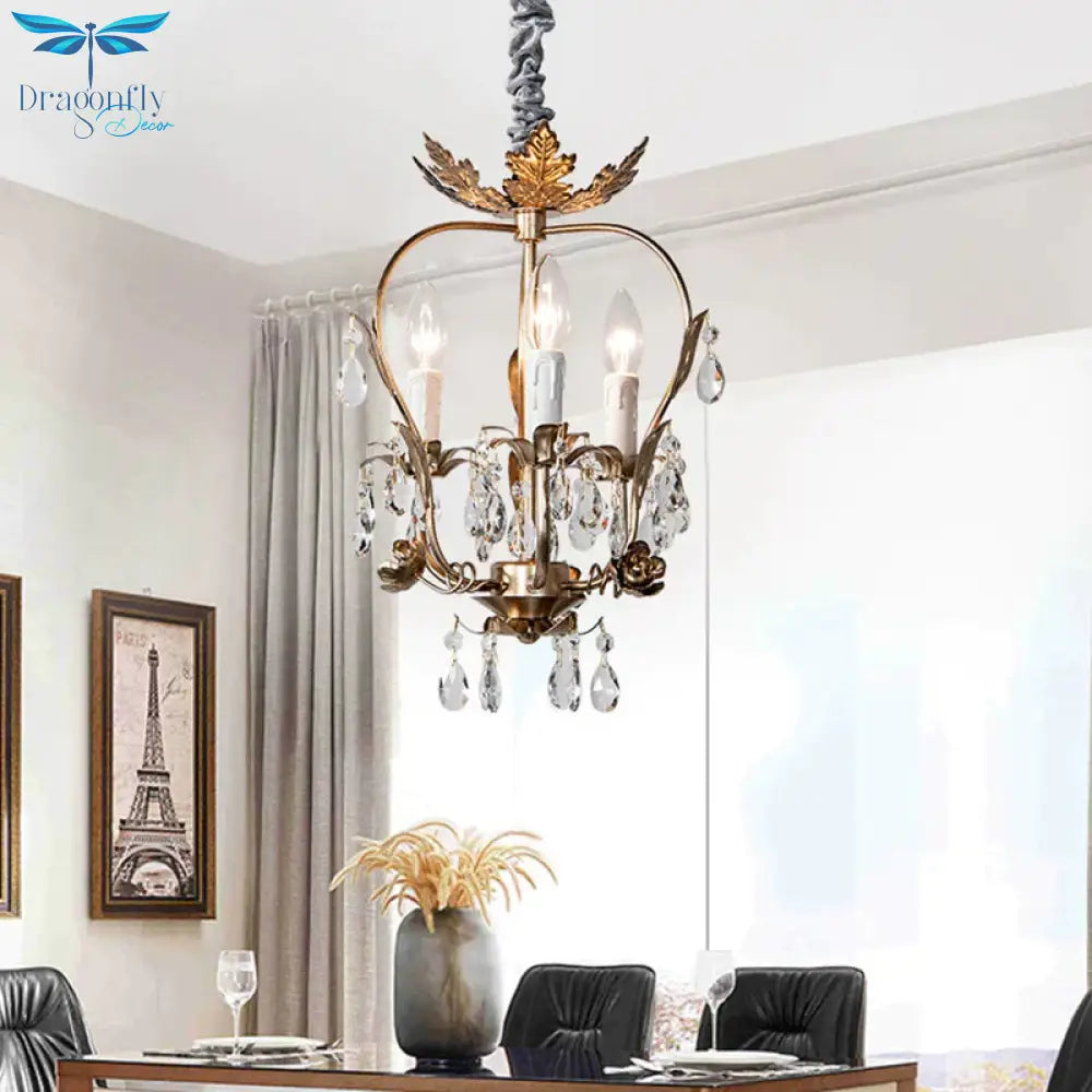 Gold Spur Chandelier Lighting Modern Metal 3 Bulbs Pendant Light Fixture With Crystal Teardrop