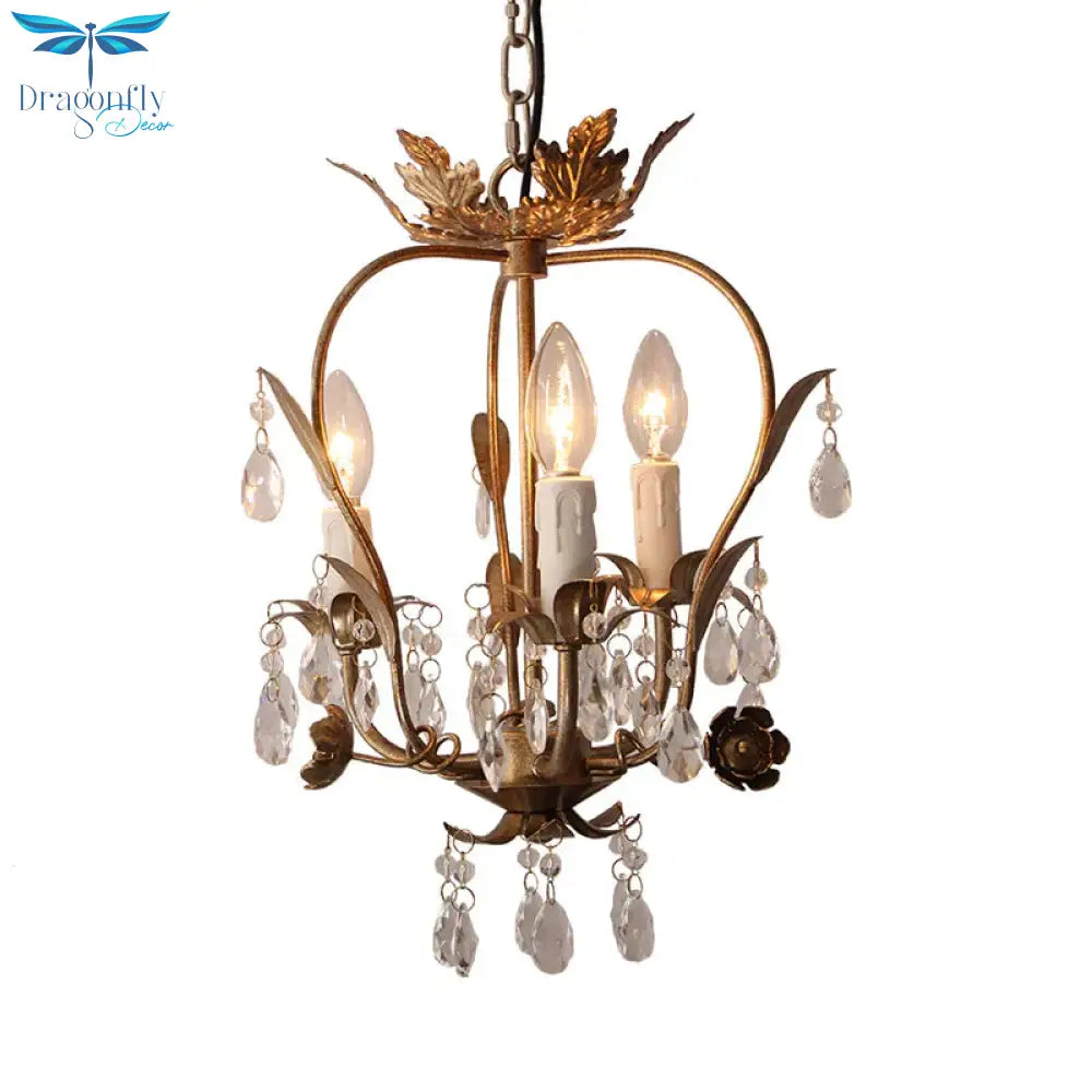 Gold Spur Chandelier Lighting Modern Metal 3 Bulbs Pendant Light Fixture With Crystal Teardrop
