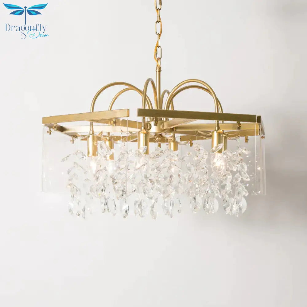 Gold Square Hanging Chandelier Lodge Crystal 4/6/8 Lights Living Room Suspension Pendant