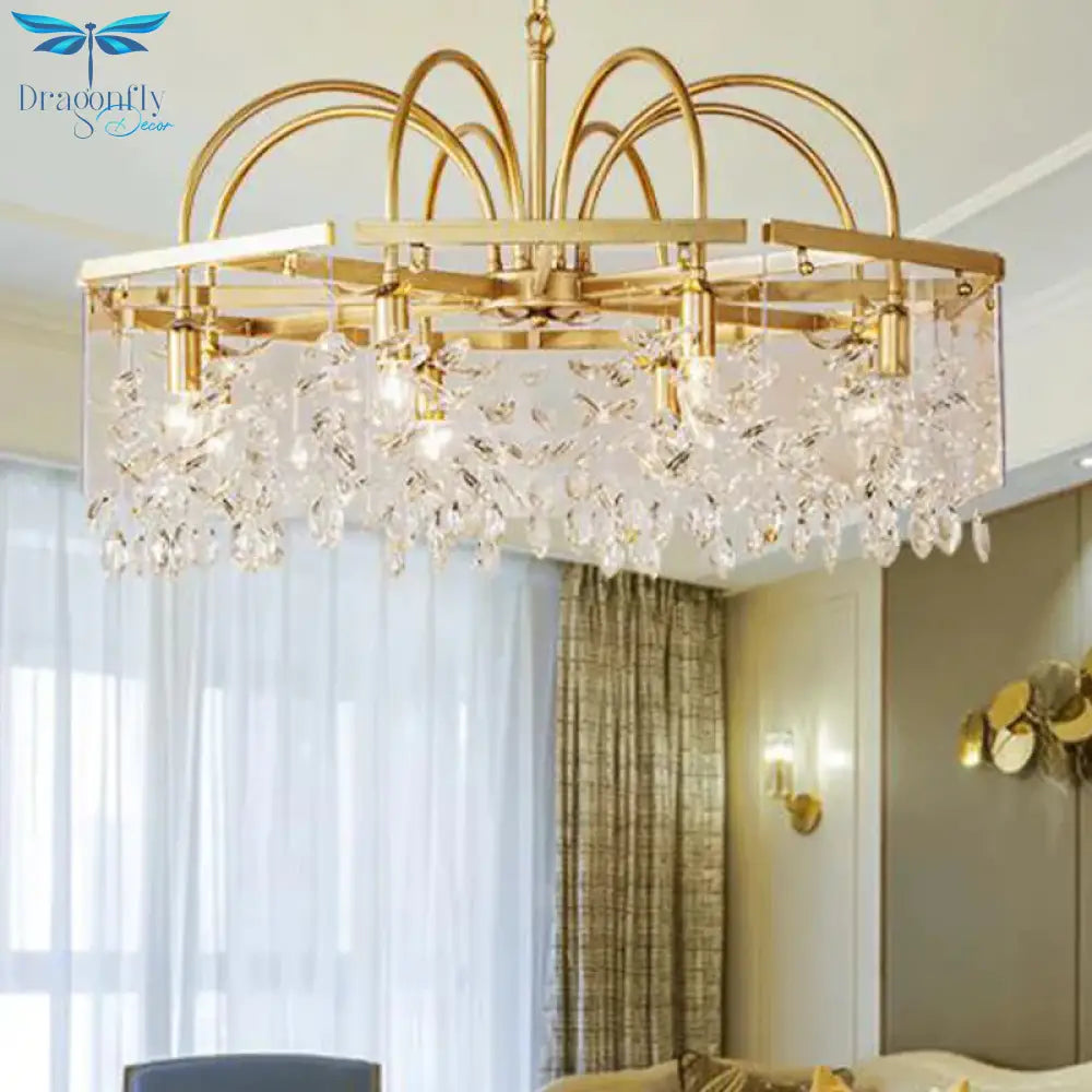 Gold Square Hanging Chandelier Lodge Crystal 4/6/8 Lights Living Room Suspension Pendant