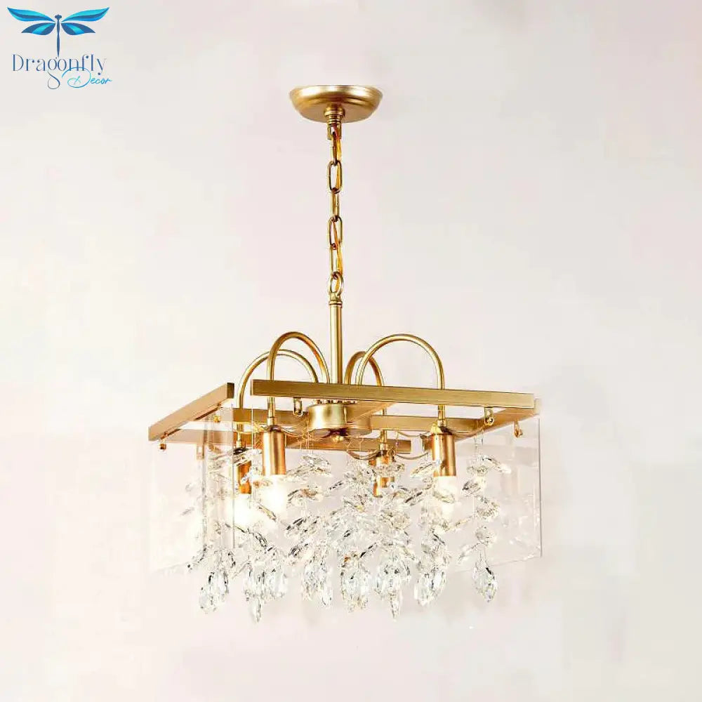 Gold Square Hanging Chandelier Lodge Crystal 4/6/8 Lights Living Room Suspension Pendant