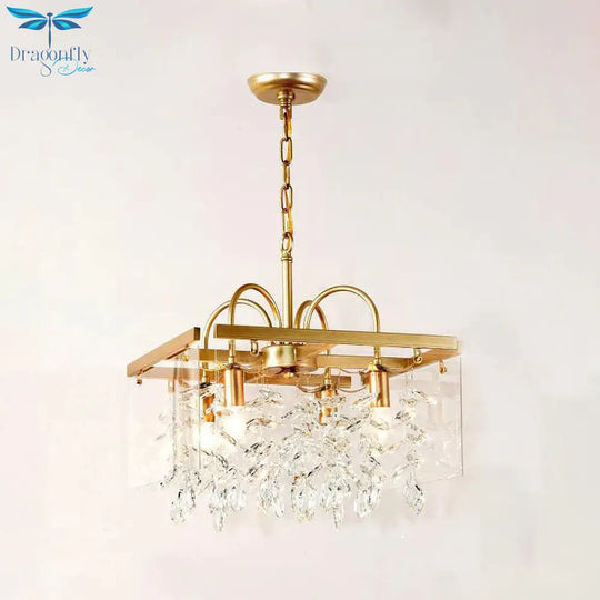 Gold Square Hanging Chandelier Lodge Crystal 4/6/8 Lights Living Room Suspension Pendant