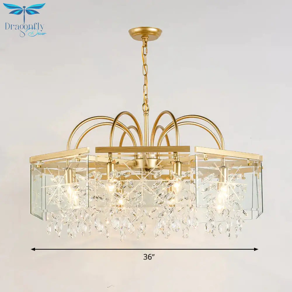 Gold Square Hanging Chandelier Lodge Crystal 4/6/8 Lights Living Room Suspension Pendant