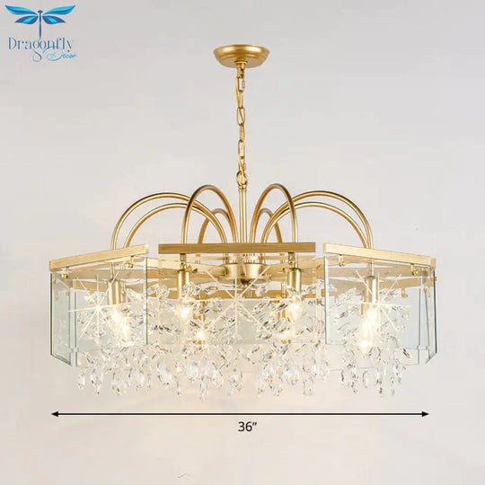 Gold Square Hanging Chandelier Lodge Crystal 4/6/8 Lights Living Room Suspension Pendant