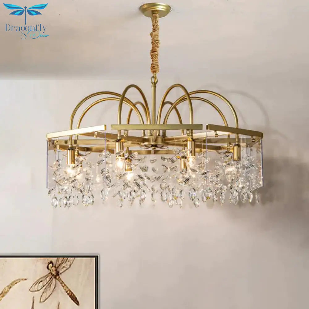 Gold Square Hanging Chandelier Lodge Crystal 4/6/8 Lights Living Room Suspension Pendant