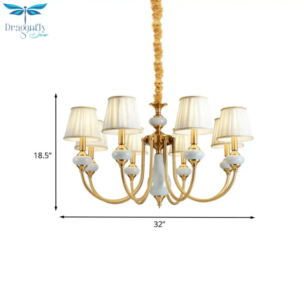 Gold Tapered Pleated Pendant Chandelier Traditional Fabric 8 - Light Dining Room Hanging Ceiling