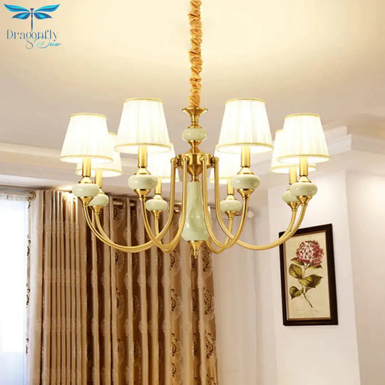 Gold Tapered Pleated Pendant Chandelier Traditional Fabric 8 - Light Dining Room Hanging Ceiling