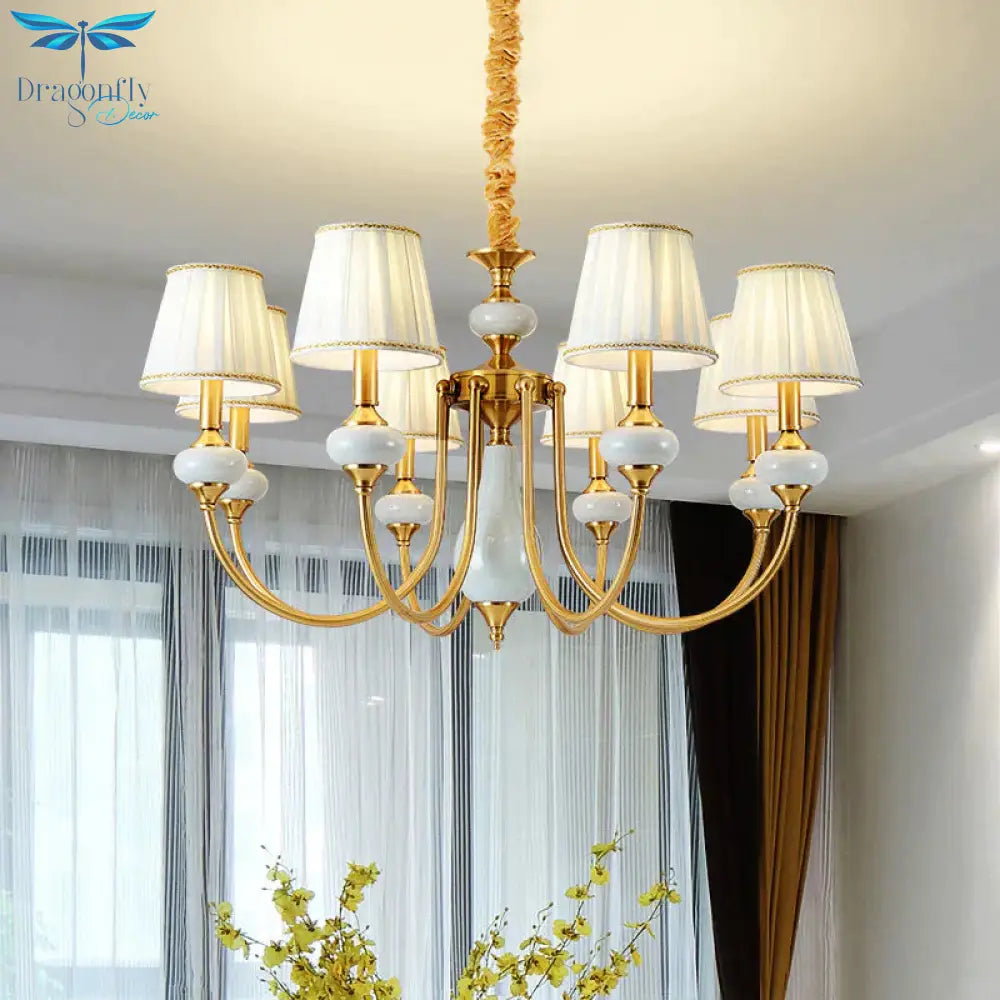 Gold Tapered Pleated Pendant Chandelier Traditional Fabric 8 - Light Dining Room Hanging Ceiling