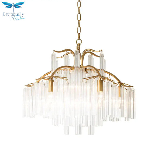 Gold Tube Chandelier Lamp Countryside Crystal 7/9 Lights Living Room Hanging Pendant Light