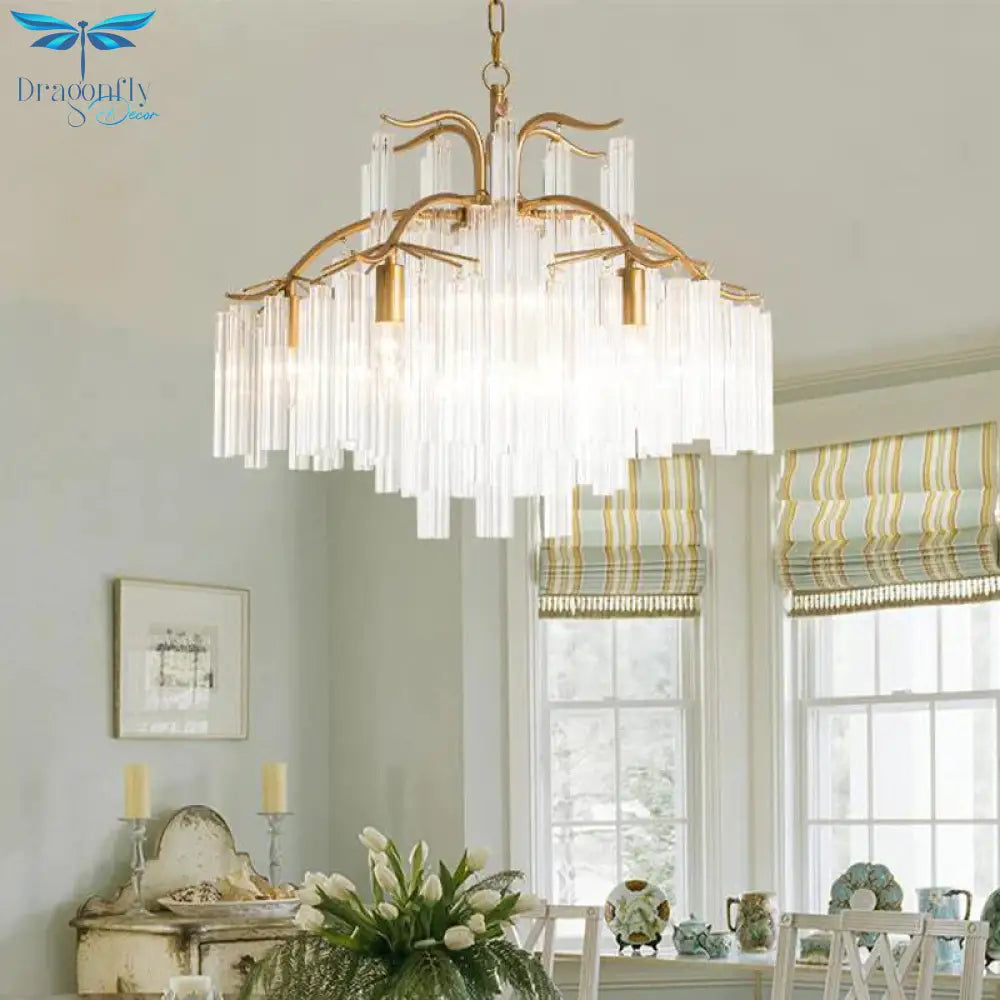 Gold Tube Chandelier Lamp Countryside Crystal 7/9 Lights Living Room Hanging Pendant Light