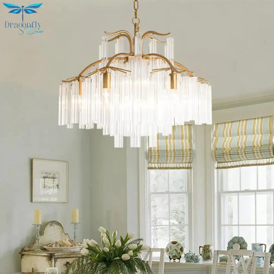 Gold Tube Chandelier Lamp Countryside Crystal 7/9 Lights Living Room Hanging Pendant Light