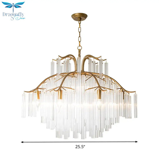 Gold Tube Chandelier Lamp Countryside Crystal 7/9 Lights Living Room Hanging Pendant Light