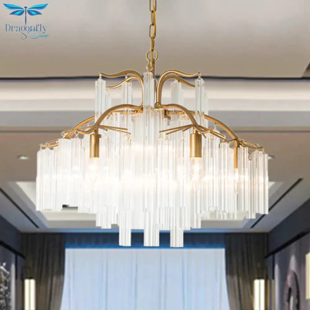 Gold Tube Chandelier Lamp Countryside Crystal 7/9 Lights Living Room Hanging Pendant Light