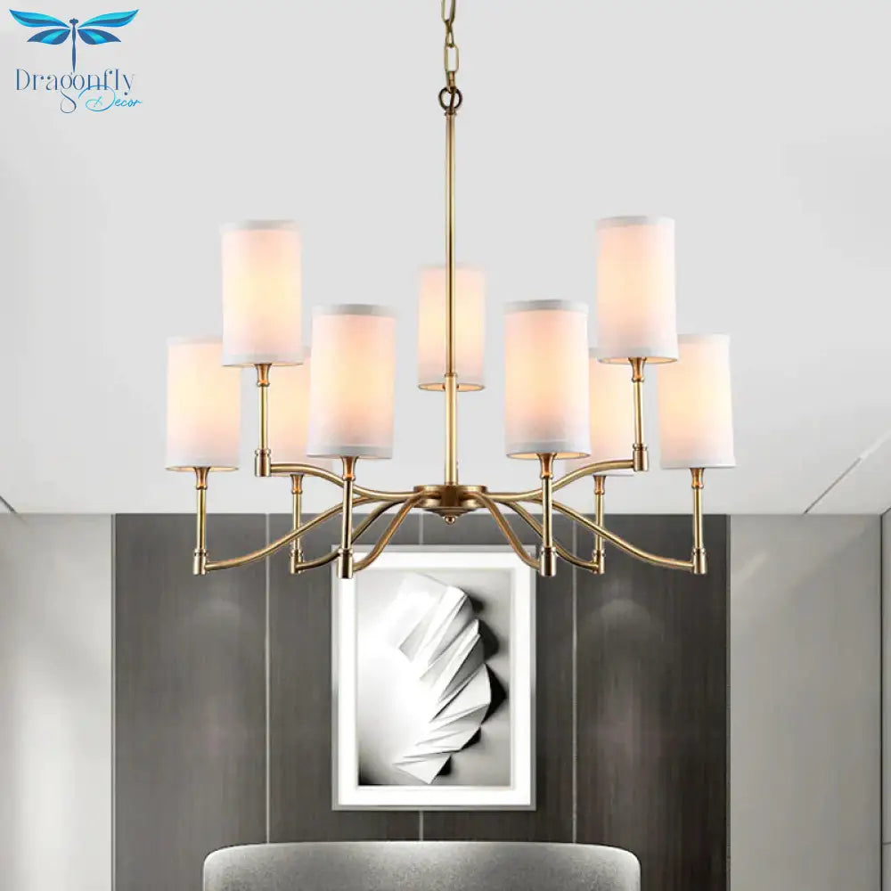 Gold Tubular Pendant Chandelier Colonial Style Fabric 6/9 - Bulb Down Lighting With Twisted Arm For