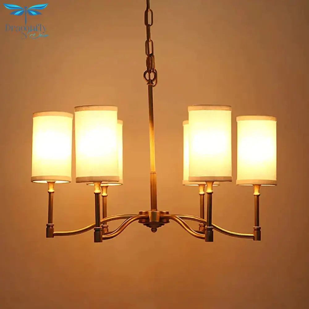 Gold Tubular Pendant Chandelier Colonial Style Fabric 6/9 - Bulb Down Lighting With Twisted Arm For