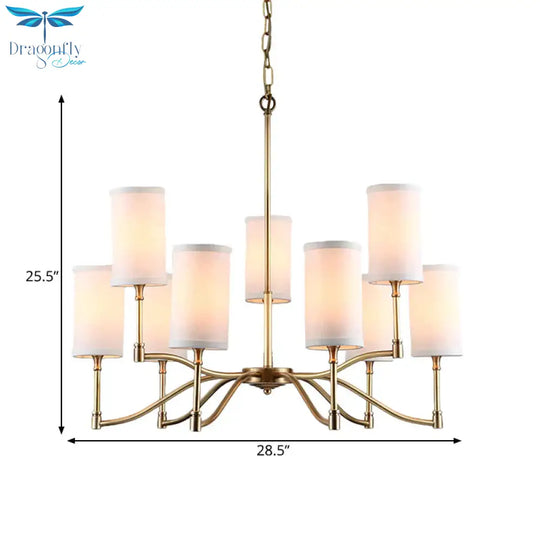 Gold Tubular Pendant Chandelier Colonial Style Fabric 6/9 - Bulb Down Lighting With Twisted Arm For