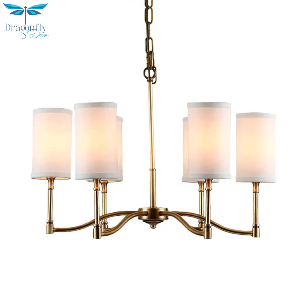 Gold Tubular Pendant Chandelier Colonial Style Fabric 6/9 - Bulb Down Lighting With Twisted Arm For