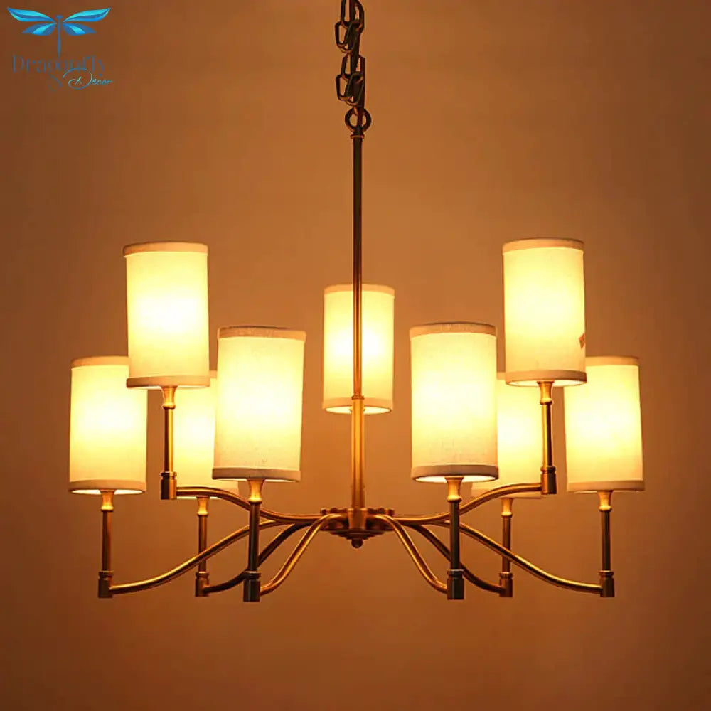 Gold Tubular Pendant Chandelier Colonial Style Fabric 6/9 - Bulb Down Lighting With Twisted Arm For