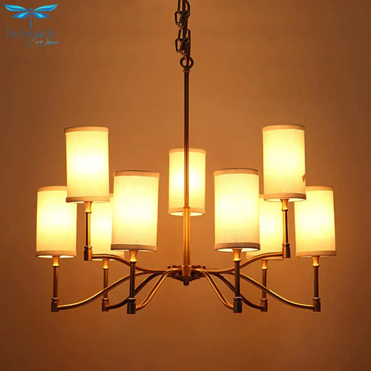 Gold Tubular Pendant Chandelier Colonial Style Fabric 6/9 - Bulb Down Lighting With Twisted Arm For