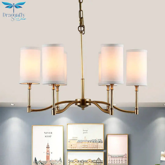 Gold Tubular Pendant Chandelier Colonial Style Fabric 6/9 - Bulb Down Lighting With Twisted Arm For