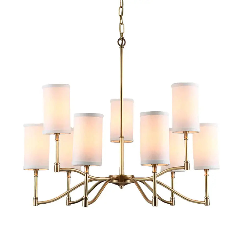 Gold Tubular Pendant Chandelier Colonial Style Fabric 6/9 - Bulb Down Lighting With Twisted Arm For