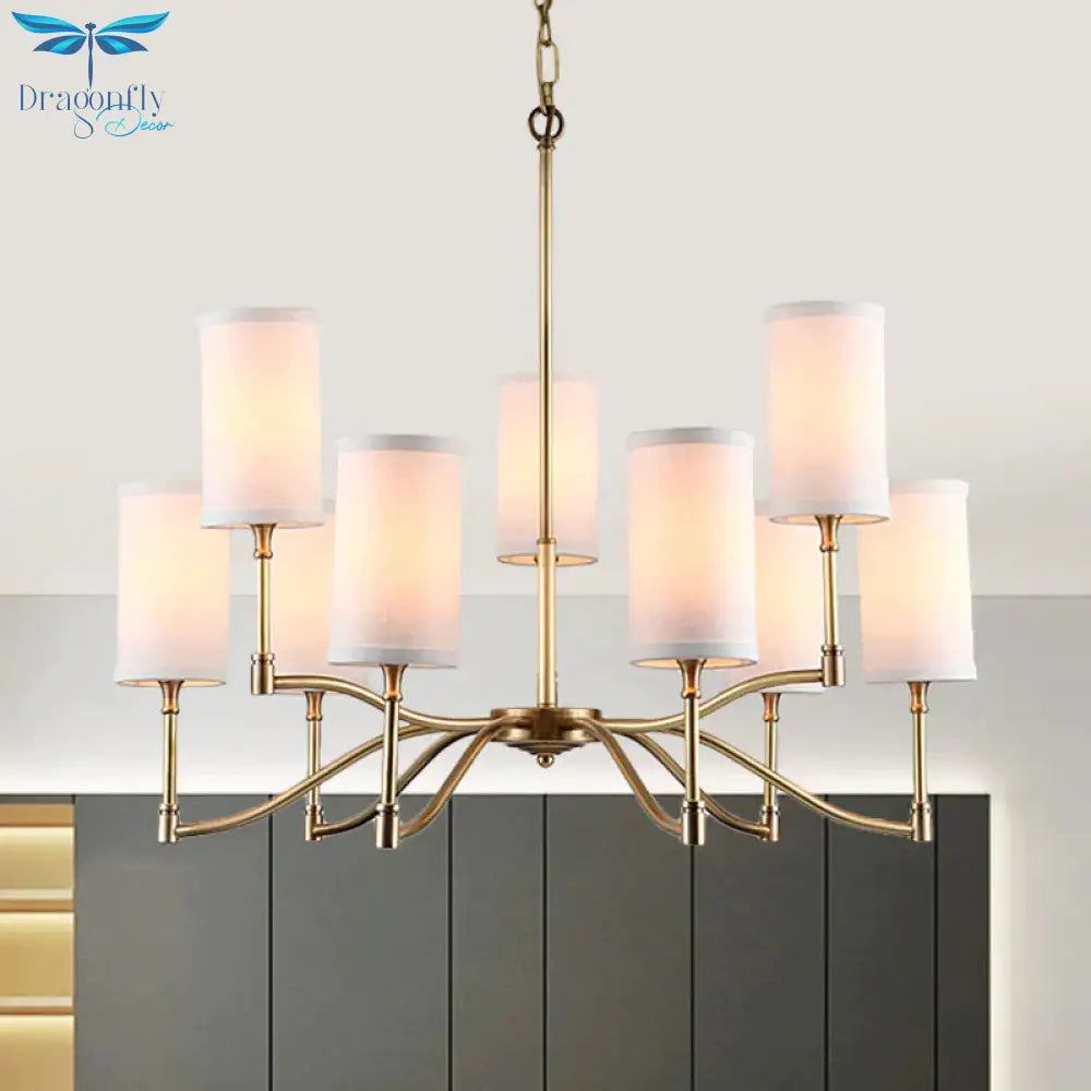 Gold Tubular Pendant Chandelier Colonial Style Fabric 6/9 - Bulb Down Lighting With Twisted Arm For