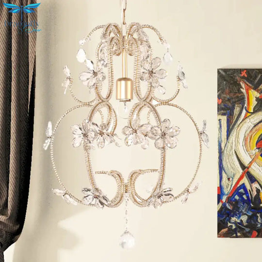 Gourd Cage Chandelier Lighting With Crystal Bead Vintage 1 Light Ceiling Pendant In Gold
