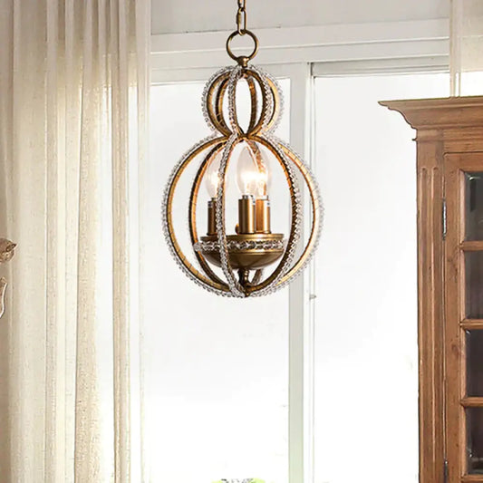 Gourd Metal Hanging Chandelier Retro 3 Heads Brass Ceiling Pendant Light With Crystal Bead