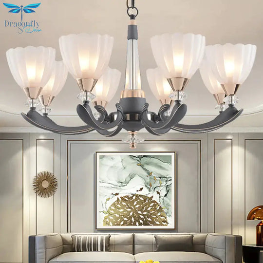 Gray - Gold 6/8 Lights Ceiling Chandelier Traditional White Frosted Glass Flower Up Hanging Lamp