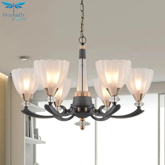 Gray - Gold 6/8 Lights Ceiling Chandelier Traditional White Frosted Glass Flower Up Hanging Lamp