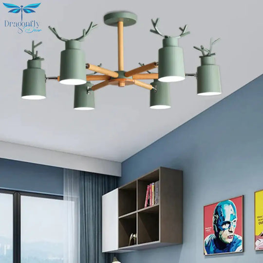 Green Antlers Chandelier Nordic Style Metal 6 Lights Pendant Lighting With Radial Design