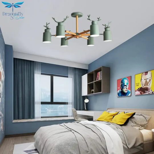 Green Antlers Chandelier Nordic Style Metal 6 Lights Pendant Lighting With Radial Design