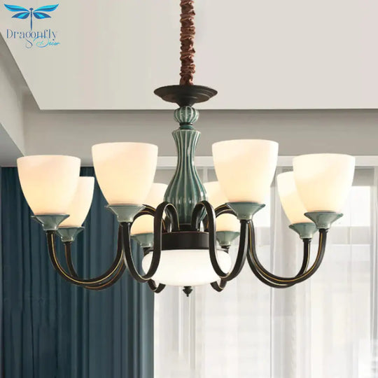 Green - Black Flared Shade Ceiling Chandelier Vintage Style Opal Glass 6/8 - Head Dining Room