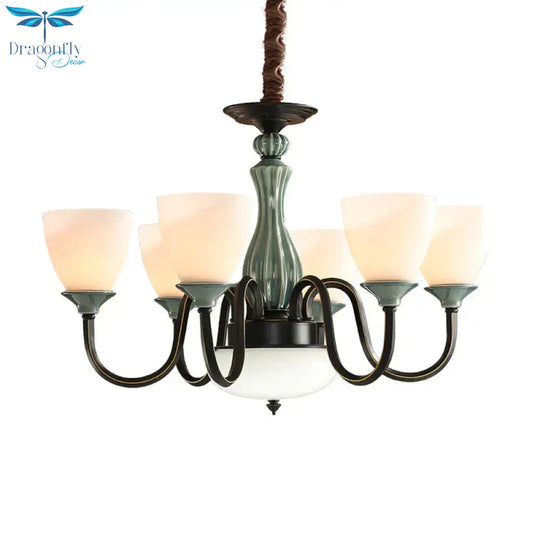 Green - Black Flared Shade Ceiling Chandelier Vintage Style Opal Glass 6/8 - Head Dining Room