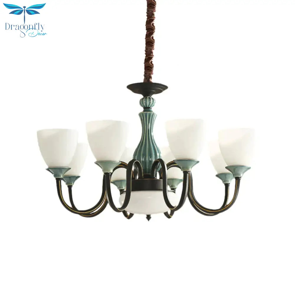 Green - Black Flared Shade Ceiling Chandelier Vintage Style Opal Glass 6/8 - Head Dining Room